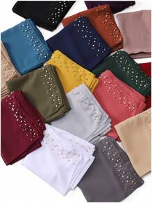 1 Peça Xale Longo de Chifom Elegante com Detalhes de Outono, Lenço Respirável Tradicional, Xale com Pedras de Pérola para Mulheres Muçulmanas