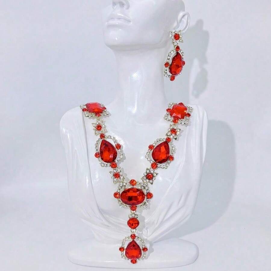 1 套奢华女士珠宝套件，时尚优雅项链耳环 3 件套，适合新娘、婚礼、正式场合、宴会和派对 - 紫色 - 查看 1