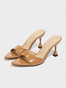 Jin Bei Qi 女士高跟鞋，时尚优雅晚宴户外细高跟尖头亮面镜面彩色面料性感穆勒鞋，优雅棕色凉鞋，春夏装扮 - 棕色 - 查看 6