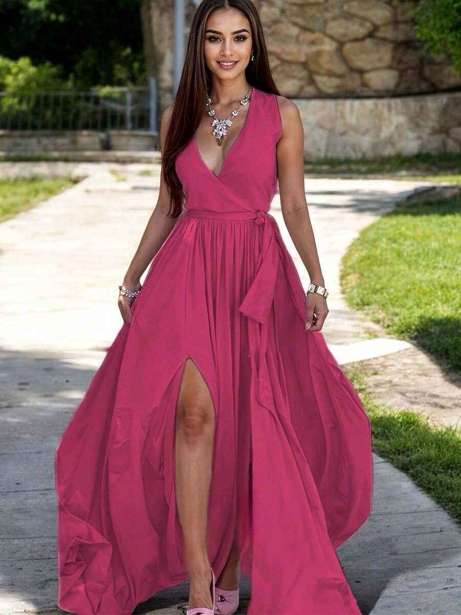 Vestido Largo Elegante Escote en V con Abertura en Pierna y Cinturón Ajustable para Mujer - Rosa Fucsia - Ver 1