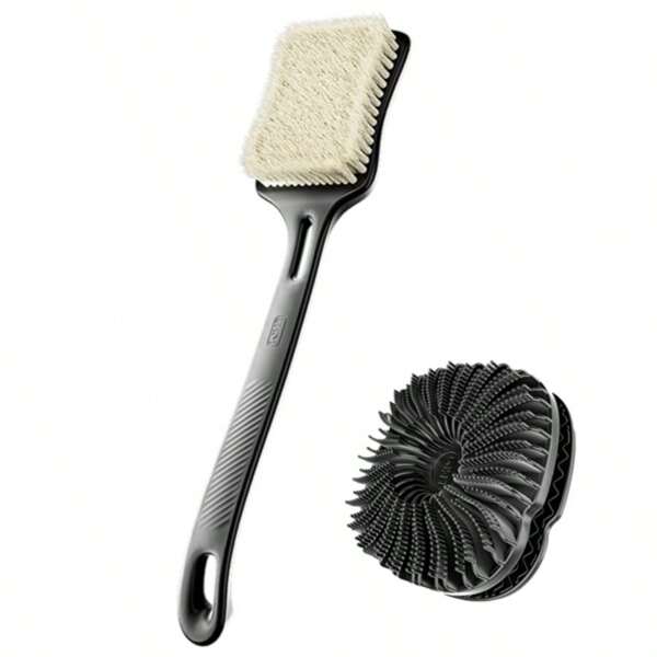 2 paquetes de set de cepillos de baño - Cepillo de ducha de mango largo con cerdas duras y suaves, exfoliante corporal de silicona, cepillo de ducha de silicona y cepillo masajeador del cabelludo para champú, para todo tipo de piel sensible de niños, mujeres y hombres