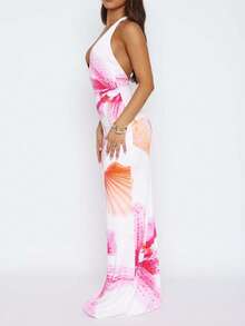 Spring And Summer Clothing, Warm Red Flowers And Shells, Ocean Element Patterns, Long Halter Neck Dress, Suitable For Women,Suitable For Spring Break Vacation, Seaside Vacation, Bikini Outerwear, Night Out, Sister Party, Seaside Party, Pool Party, Holiday Outfit, Natural Party, Chalet Vacation,Vacation Outfits, Holiday Derss, Women Dresses Birthday