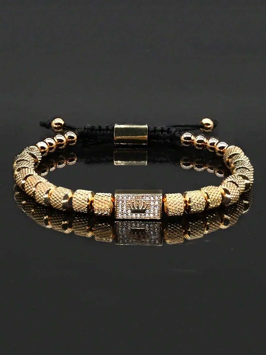 男士时尚皇冠吊坠手链，不锈钢可调节串珠链，合成方晶锆石，感恩节/圣诞节/父亲节珠宝礼品配饰 - 彩色 - 查看 1