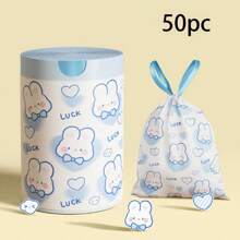 50/100Pcs Cute Cartoon Blue Heart Rabbit Print Drawstring Garbage Bags, Thickened Reusable Kitchen Trash Bags