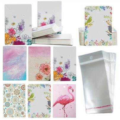 100pcs Creative Printed Earring Display Cards With Transparent Bags, DIY Jewelry Making & Packaging Supplies