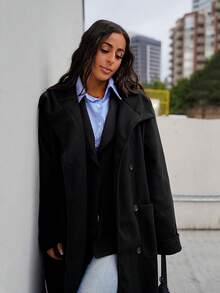 SAYEHFBABY Casaco Longo Feminino de Cor Sólida e Minimalista com Lapela Grande, Remendos, Bolsos, Abotoamento Único e Cinto - Preto - Visão 1