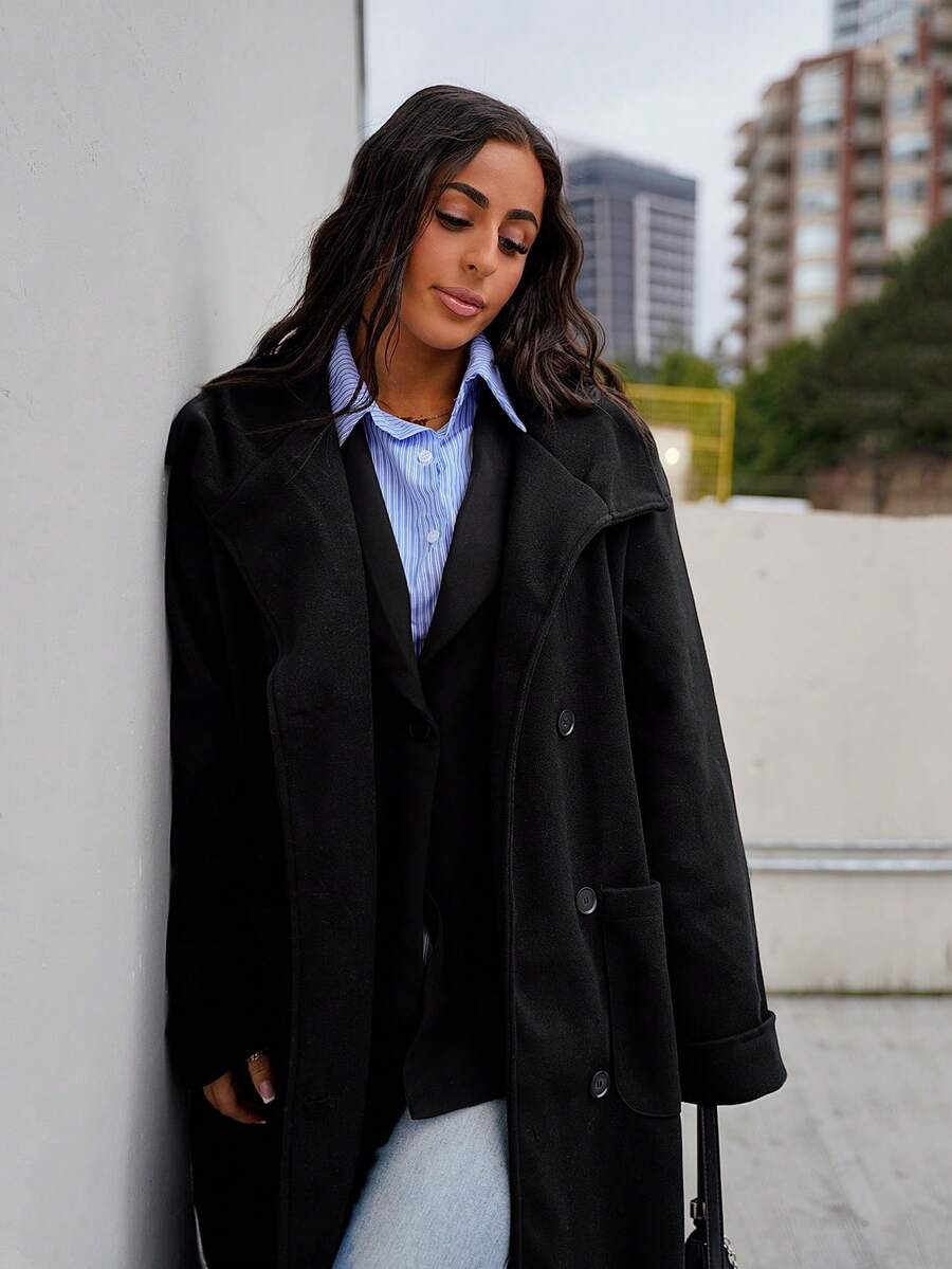 SAYEHFBABY Casaco Longo Feminino de Cor Sólida e Minimalista com Lapela Grande, Remendos, Bolsos, Abotoamento Único e Cinto - Preto - Visão 1