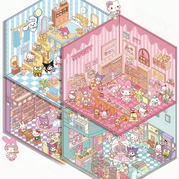 Sanrio 4 piezas de pegatinas de escena miniatura de dibujos animados lindos de Sanrio para hacer un diorama 3D decorativo y artesanal interesante para scrapbooking