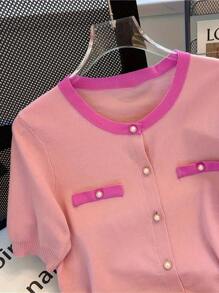 Crew Neck New Short Sleeve Knit Cardigan, Pearl Button, Fitted Slim Fit T-Shirt