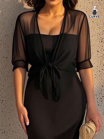 Pluse Size Chiffon Cardigan Tie Front Knot Shirt Women Summer Vacation Cover Up Sheer Casual Blouse Solid Color