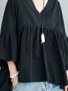 Plus Size Solid Color Ruffle Twist Collar Blouse