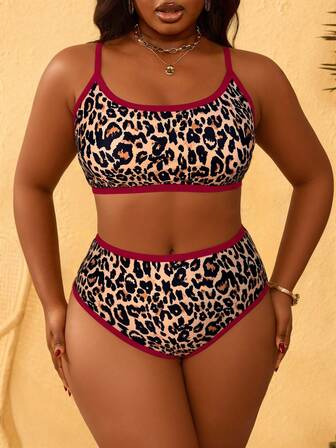 Plus Size Summer Vacation Leopard Print Trim Spaghetti Strap Bikini Set
