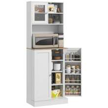 HOMCOM Credenza Cucina Alta con Armadietto, Piano Portamicroonde, 8 Ripiani su Ante, Mobile Dispensa Stretto con Ante in Vetro e Mensole Regolabili, per Soggiorno, Sala da Pranzo, 60x35x169 cm, Bianco