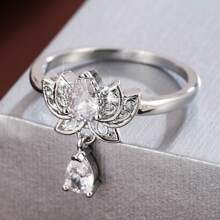 1 pieza Anillo de mujer con diseño de gota de agua de loto y incrustaciones de circonita cúbica