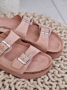 Sandálias femininas casuais com solado grosso e fivela - Rosa - Ver 9
