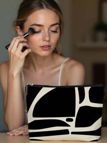 1pc Daily Black & White Geometric Figure Print Linen Cosmetic Bag, Cute Travel Makeup Pouch And Multi-Functional Coin Purse, Lightweight Gift Essential For Women,For Holiday Beach, Bathroom Collection, Bedroom Collection, Large Capacity