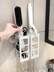 1pc Hair Styling Tool Storage Box, Curling Iron Organizer Rack, Bathroom Wall Mounted Storage Holder Without Drilling - White - View 3
