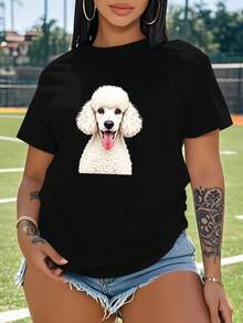 White Poodle With Playful Tongue  Women's Plus Size Sports Short Sleeve Casual T-Shirt - 黑色 - 查看 1