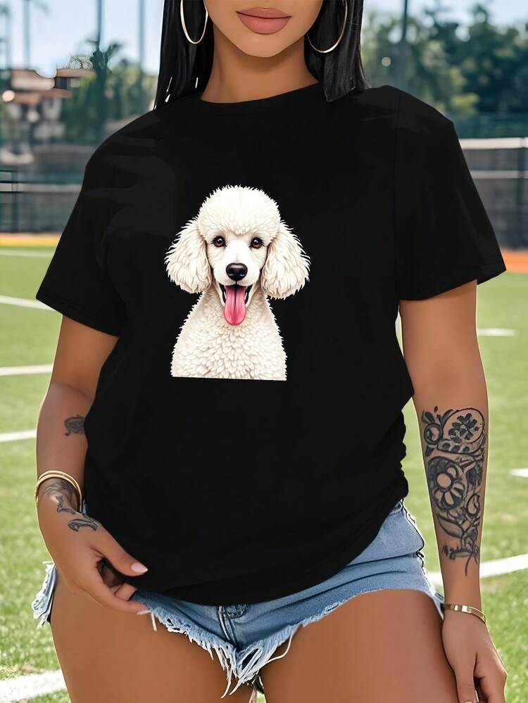 White Poodle With Playful Tongue  Women's Plus Size Sports Short Sleeve Casual T-Shirt - 黑色 - 查看 1