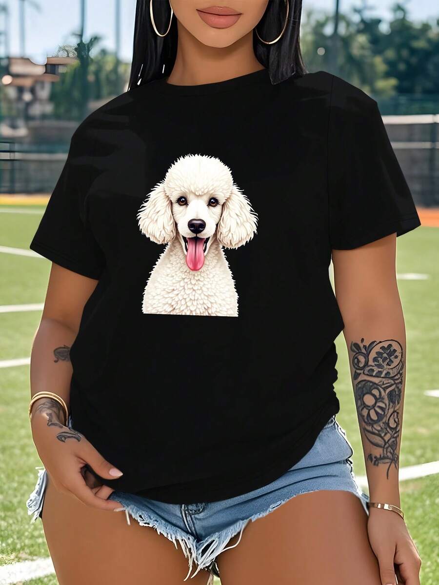White Poodle With Playful Tongue Women's Plus Size Sports Short Sleeve Casual T-Shirt - 黑色 - 查看 1