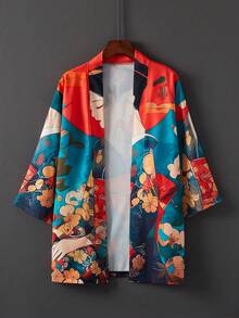 日本复古时尚宽松卡通女孩 3D 印花和服罩衫，轻盈超大海滩度假泳衣罩衫，夏季 - 紅色 - 查看 2