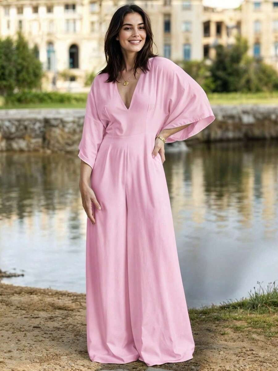 Mono Elegante para Mujer con Mangas Amplias y Escote en V para un Look Sofisticado - Rosa Pálido - Ver 1