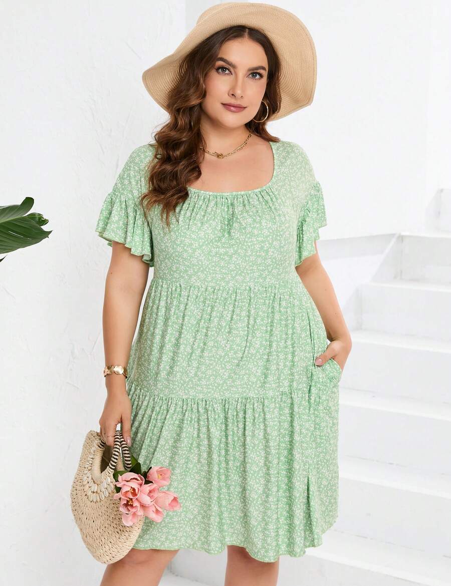Plus Size Dress Women's Plus Size Floral V-Neck Dress Short Sleeve Knee Length A-Line Mini Dresses - Green Background With Small Florals - View 1