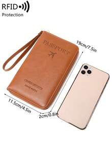 MIYIN RFID Shielded Passport Holder Card Clip, With Card Slot ID Window, Solid Color PU Letters And Airplane Pattern Portable Passport, Suitable For Credit Card/ID Card/Currency/Cash/Passport/Plane Ticket/Bank Card, Male And Female Universal Zipper Mobile Travel Passport Wallet, With Wristband, Suitable For Travel Flights, International Business Trips, Passport Clip, Passport Box, Passport Bag, Travel Accessories, School Supplies - Brown - View 10