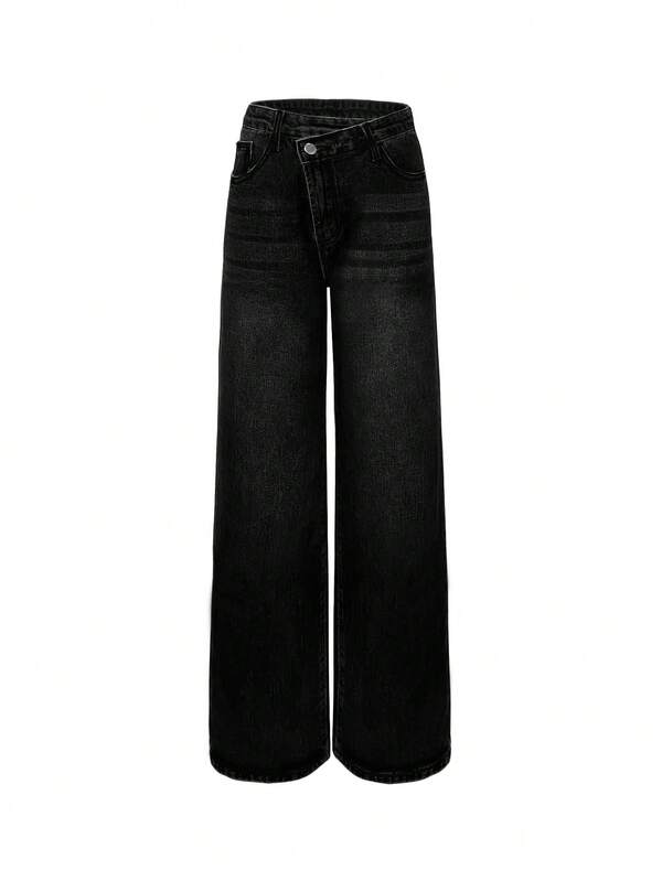 Retro Black Jeans Women's Design Casual Straight Leg Loose Diagonal Button Denim Pants Boyfriend Style Chic Winter Christmas New Year Thanksgiving