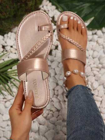 全新大码女式露趾编织简约舒适平底拖鞋凉鞋，休闲时尚户外沙滩风格夏季鞋