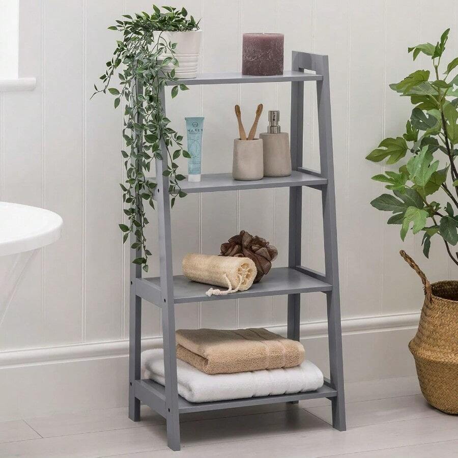 Grey Ladder Shelf Bathroom Storage Unit 4 Tier Wooden Shelving Display Stand Bathroom Decor Summer - 1 - View 1