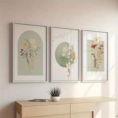 1 pieza/3 piezas de decoración de pared con arte de plantas, flores y hojas en color verde salvia, estilo minimalista y estético. Impresiones en lienzo de acuarelas minimalistas vintage de flores silvestres para decorar la sala de estar, dormitorio, oficina en casa o dormitorio. Cuadros enmarcados o sin enmarcar.