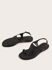 Elegant Casual Vacation Commute Black Square Toe T-Strap Flat Gladiator Sandals - Black - View 3