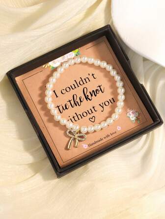 1pc Gift Box Faux Pearl Heart & Bow Pendant Bracelet, Great For Wedding, Bridesmaids, Girlfriend Gift, Or Everyday Wear