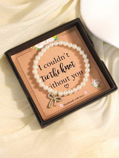1pc Gift Box Faux Pearl Heart & Bow Pendant Bracelet, Great For Wedding, Bridesmaids, Girlfriend Gift, Or Everyday Wear