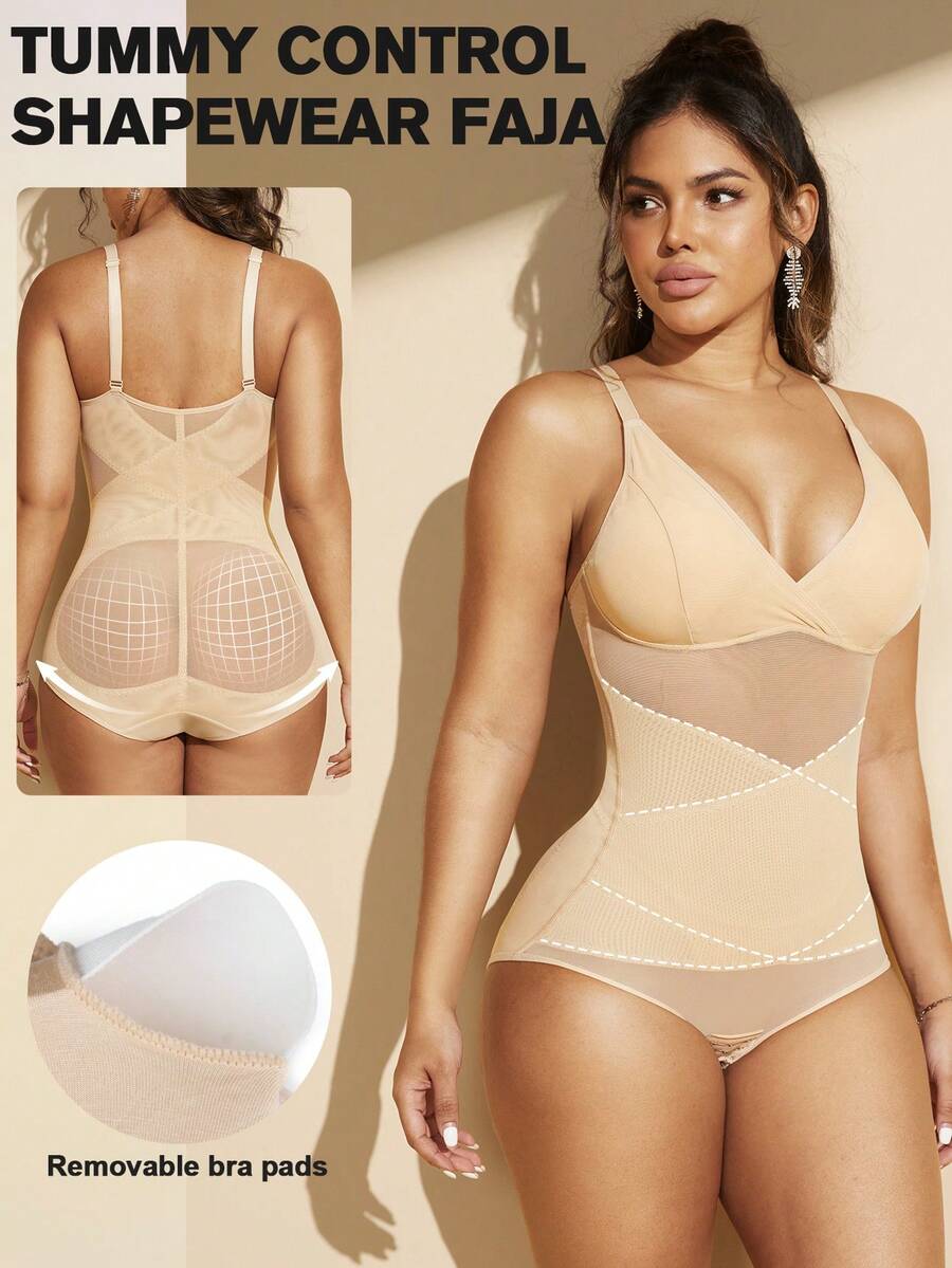 1pc Women Removable Padded Bust Shaping Mesh Patchwork Breathable Fabric Criss-Cross Tummy Control Bodysuit MOVWIN - Apricot - View 1