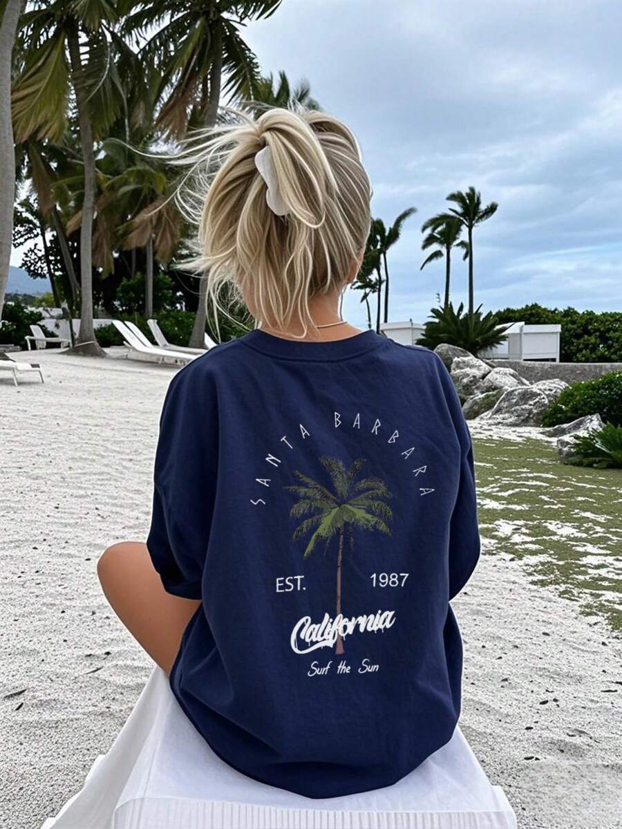 女士休闲圆领棕榈树字母印花度假风短袖T恤上衣，白色和粉色夏季款