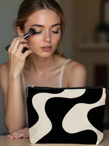 1pc Daily Black & White Geometric Figure Print Linen Cosmetic Bag, Cute Travel Makeup Pouch And Multi-Functional Coin Purse, Lightweight Gift Essential For Women,For Holiday Beach, Bathroom Collection, Bedroom Collection, Large Capacity