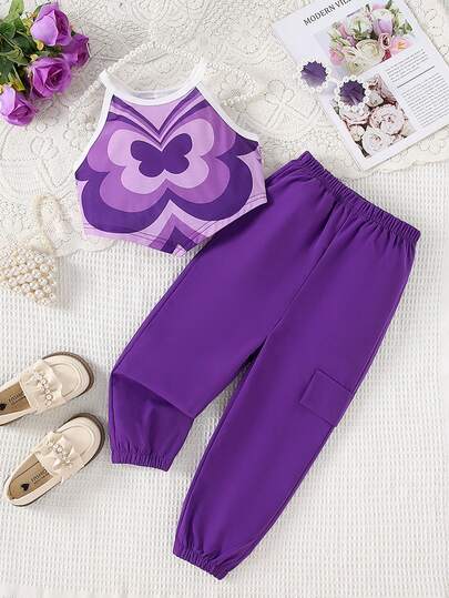 2 件套少女蝴蝶印花 V 领吊带背心和纯色慢跑裤套装，适合夏季穿着