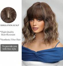 OUFEI Brown Wigs Women Short Wavy Wig With Bangs Natural Synthetic Hair Heat Resistant Wigs Daily Party Cosplay Wear
