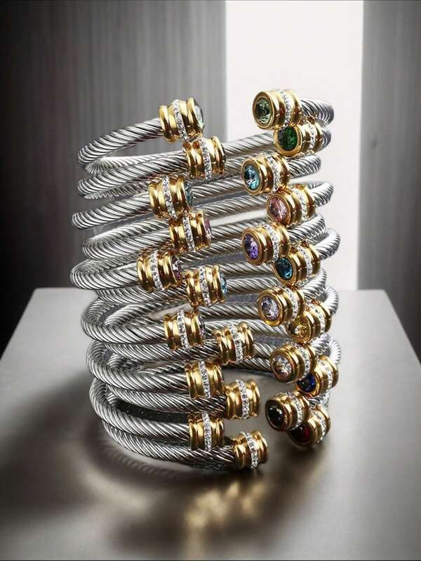 1 pièce Bracelet en câble d'acier inoxydable avec 12 pierres de naissance et zircones, convient aux femmes