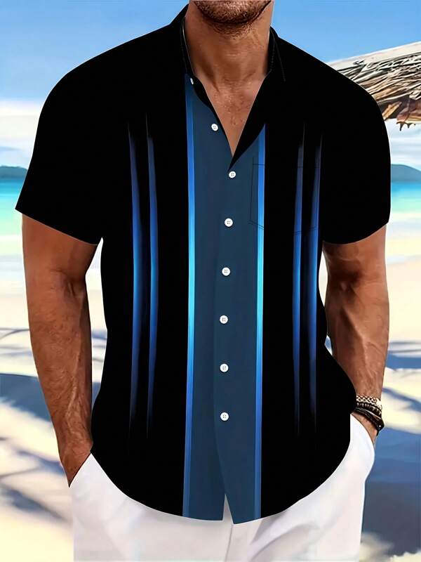 Plus Size Men's Striped Short Sleeve Casual Versatile Shirt, Summer