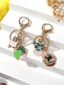 1pc Women's Fashionable Alloy Green Plant & Cat Decor Versatile Keychain - Multicolor - View 1