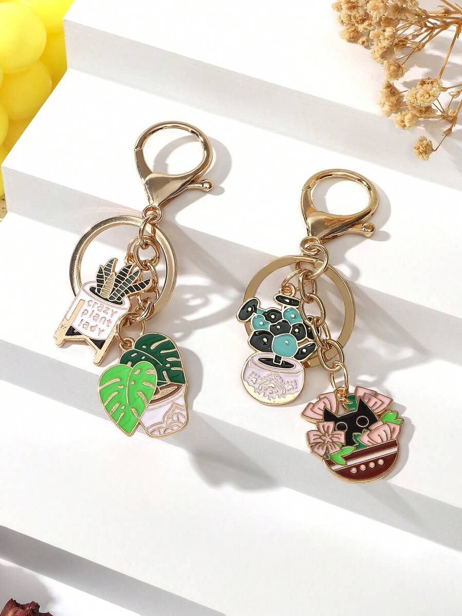 1pc Women's Fashionable Alloy Green Plant & Cat Decor Versatile Keychain - Multicolor - View 1