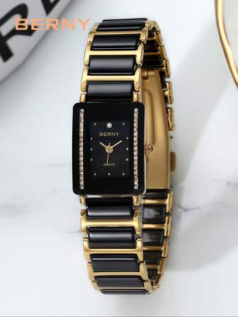 BERNY 1 件女士黑色不锈钢陶瓷石英手表方形防刮轻质日期窗口 30 米防水日常珠宝