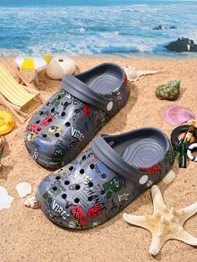 1 Pair Boys' Comfortable, Fashionable, Lightweight, Casual, Cute Print Outdoor Beach Sandals, Suitable For Summer - Grey - View 4