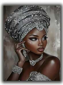 时尚非洲女性圆形钻石画套装艺术全钻帆布、钻石刺绣工艺品、无框 - 彩色 - 查看 1