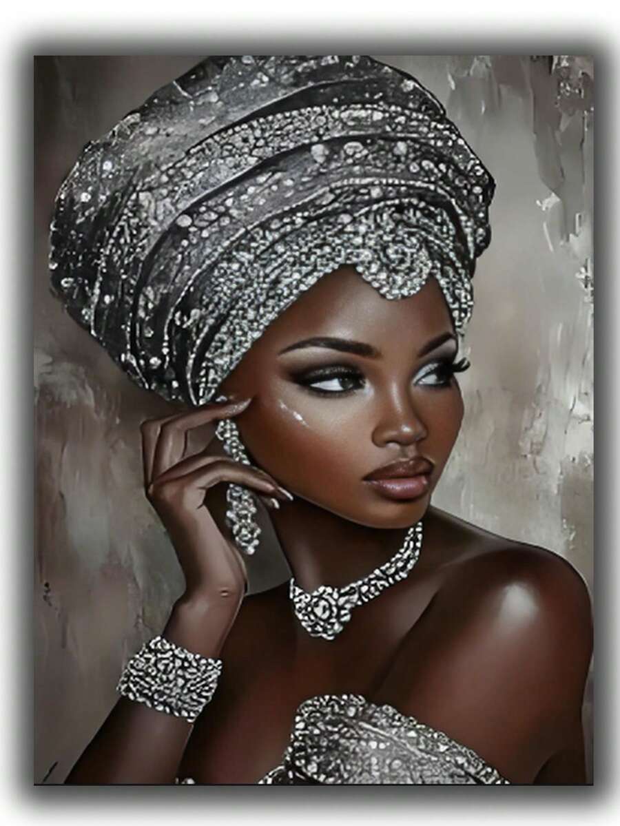 时尚非洲女性圆形钻石画套装艺术全钻帆布、钻石刺绣工艺品、无框 - 彩色 - 查看 1