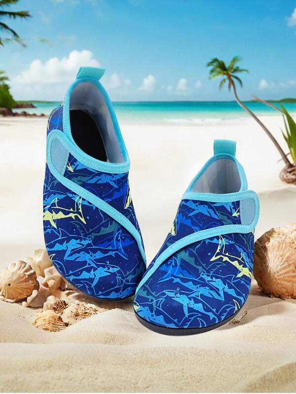 Kids' Outdoor Beach Shoes, Summer Boys' Blue Shark Pattern Thick Soft Sole Lightweight Breathable, Boys & Girls Outdoor Seaside Water Play Swimming Beach Creek Elastic Sock Shoes