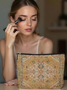 1pc Bohemian Style Linen Printed Cosmetic Bag, Cute Travel Makeup Case & Multipurpose Coin Purse, Lightweight Gift Essential For Women,For Holiday Beach, Bathroom Collection, Bedroom Collection, Large Capacity
